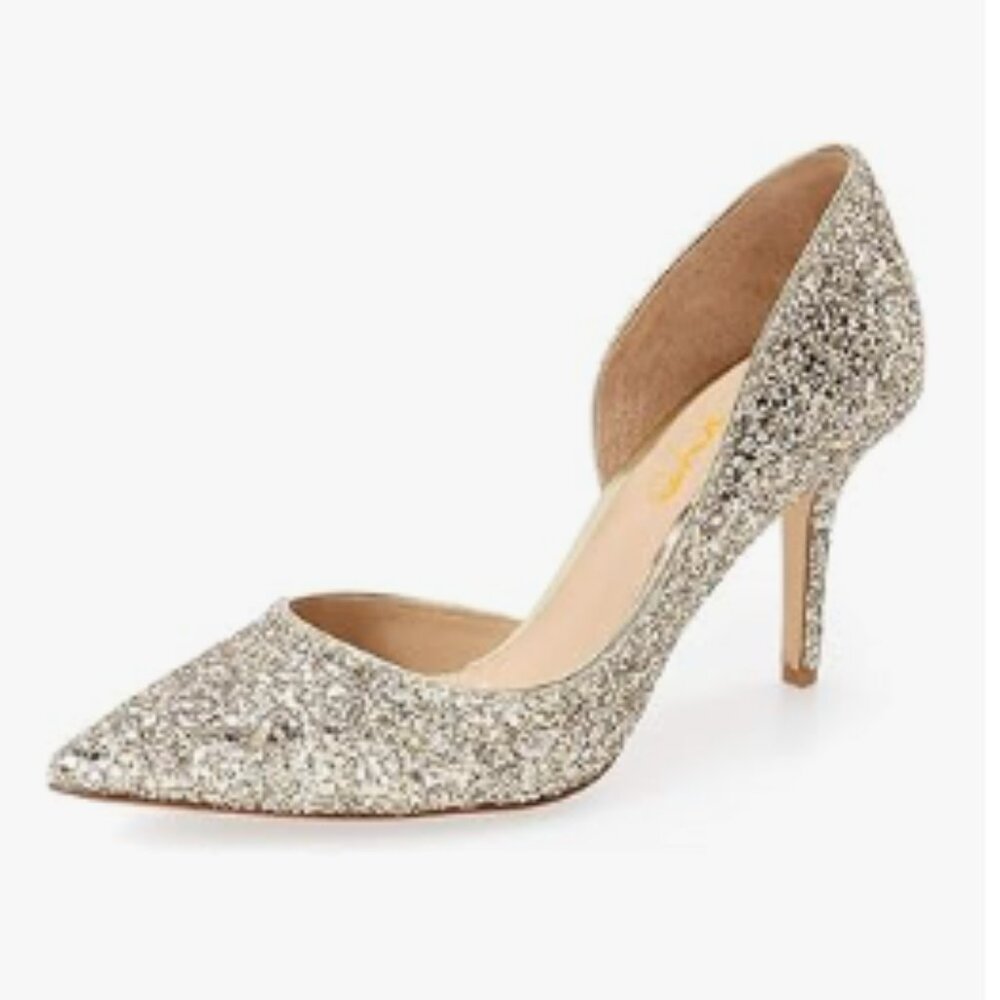 XYD Gold-glitter D'Orsay Mid Heels Comfort Slip-on Pointed Toe Sexy Pumps